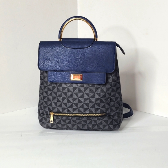 Stylish Black Monogram Women's Blue Colorblock Backpack Purse - Picture 2 of 9